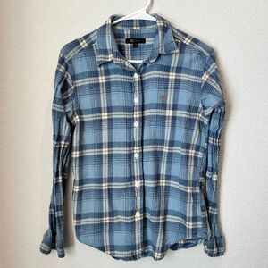 Frye Blue & Cream 100% Cotton Plaid Flannel Button Front Shirt — Size XS - EUC
